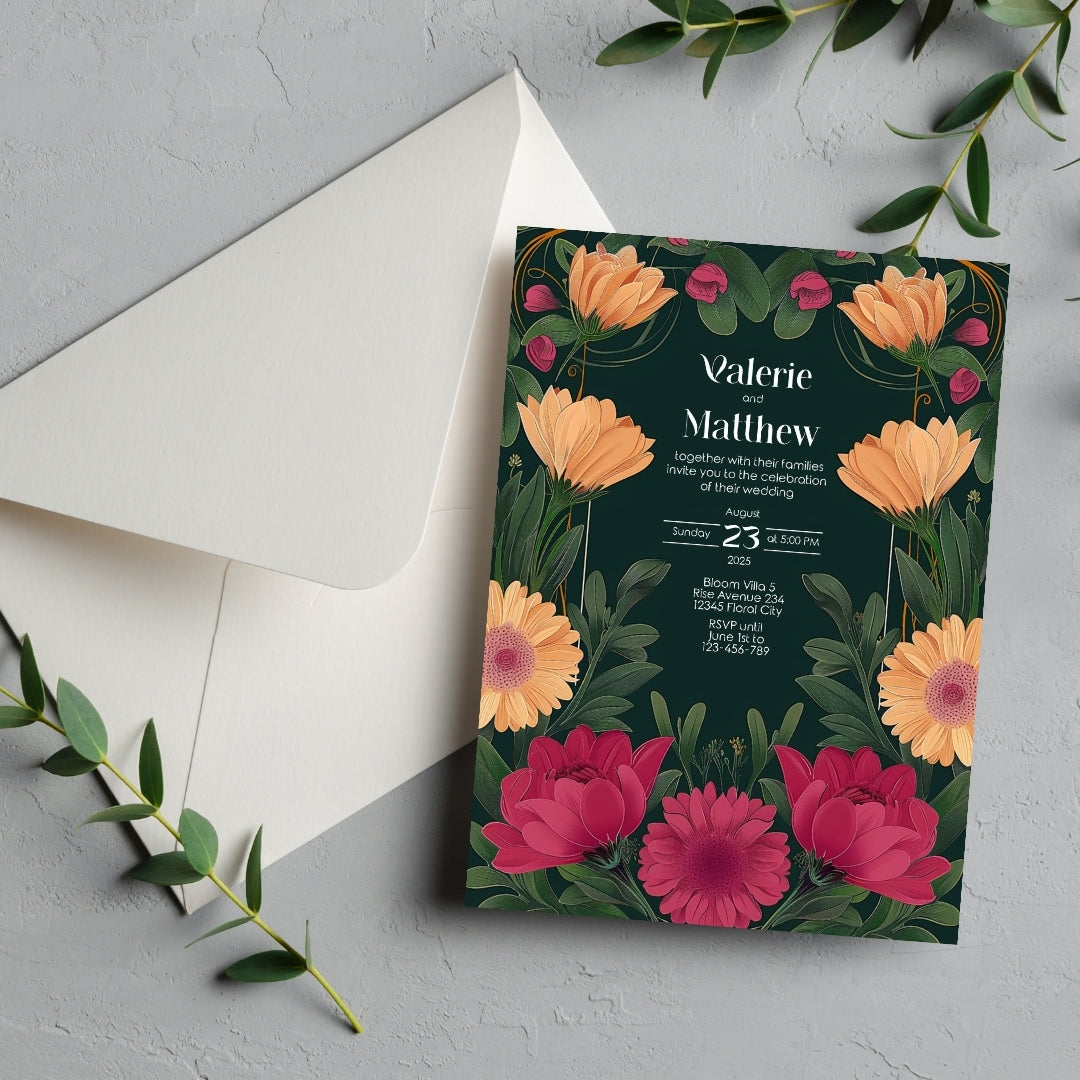 Pink and Orange Floral Vintage Garden Wedding Invitation