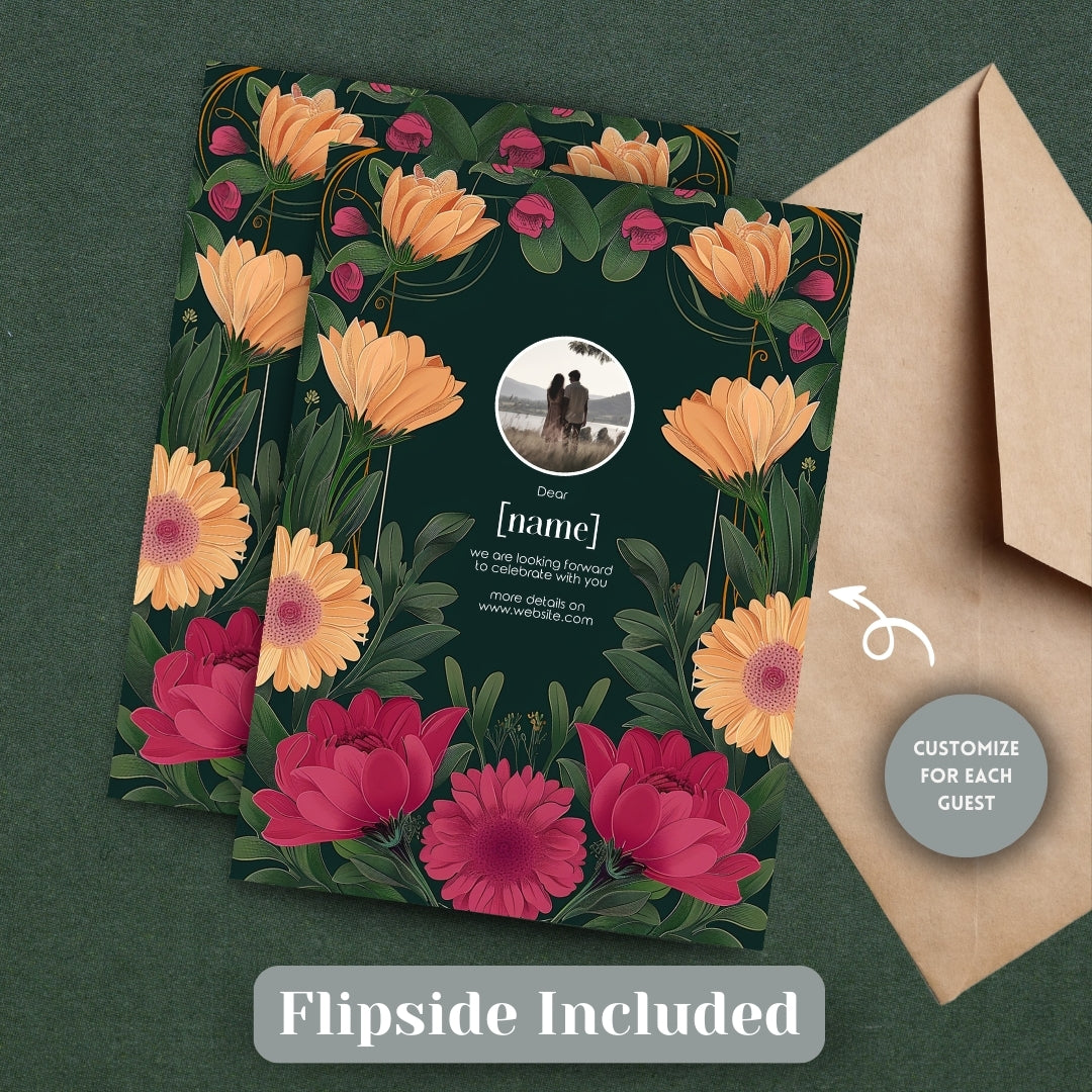 Pink and Orange Floral Vintage Garden Wedding Invitation