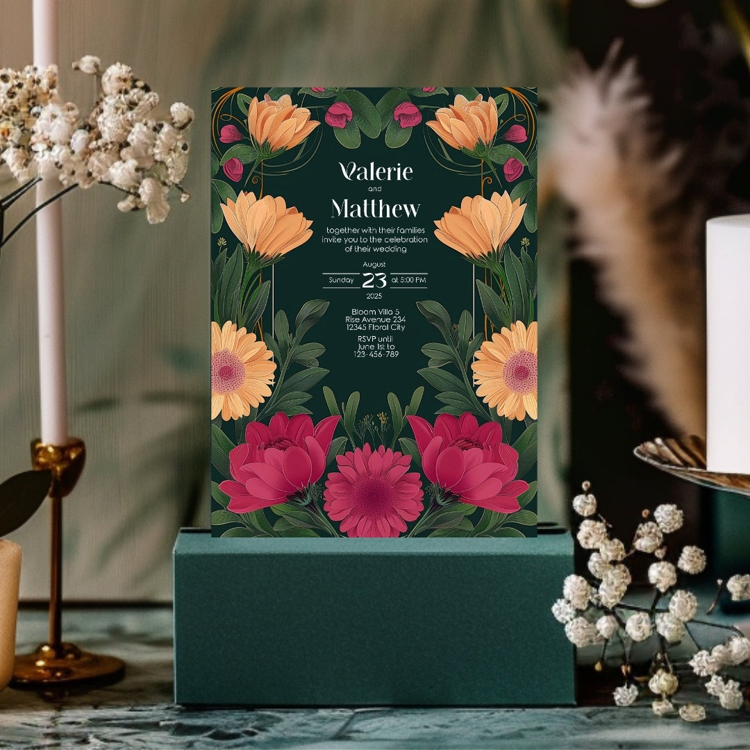 Pink and Orange Floral Vintage Garden Wedding Invitation