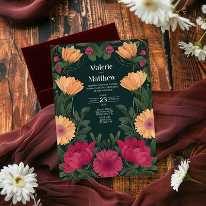 Pink and Orange Floral Vintage Garden Wedding Invitation