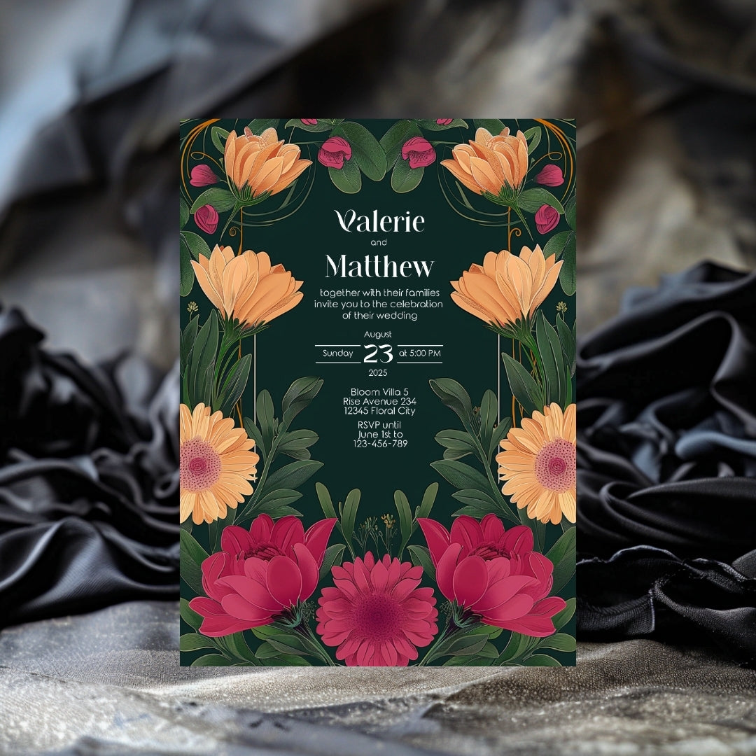 Pink and Orange Floral Vintage Garden Wedding Invitation