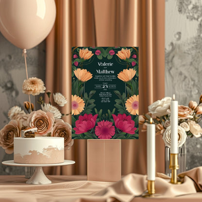 Pink and Orange Floral Vintage Garden Wedding Invitation