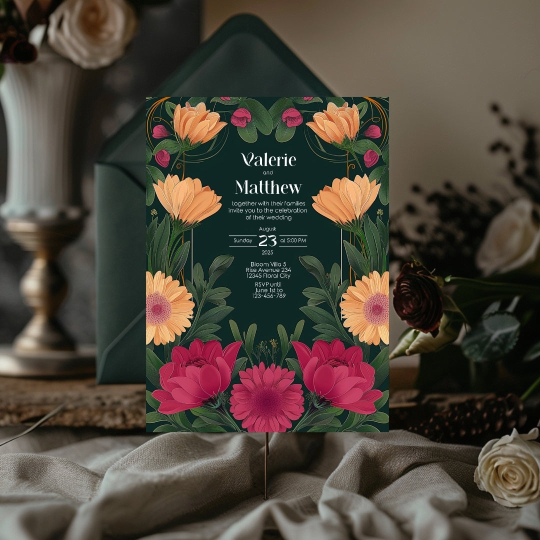 Pink and Orange Floral Vintage Garden Wedding Invitation