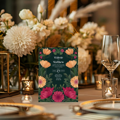 Pink and Orange Floral Vintage Garden Wedding Invitation