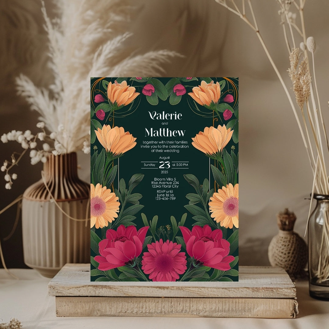 Pink and Orange Floral Vintage Garden Wedding Invitation