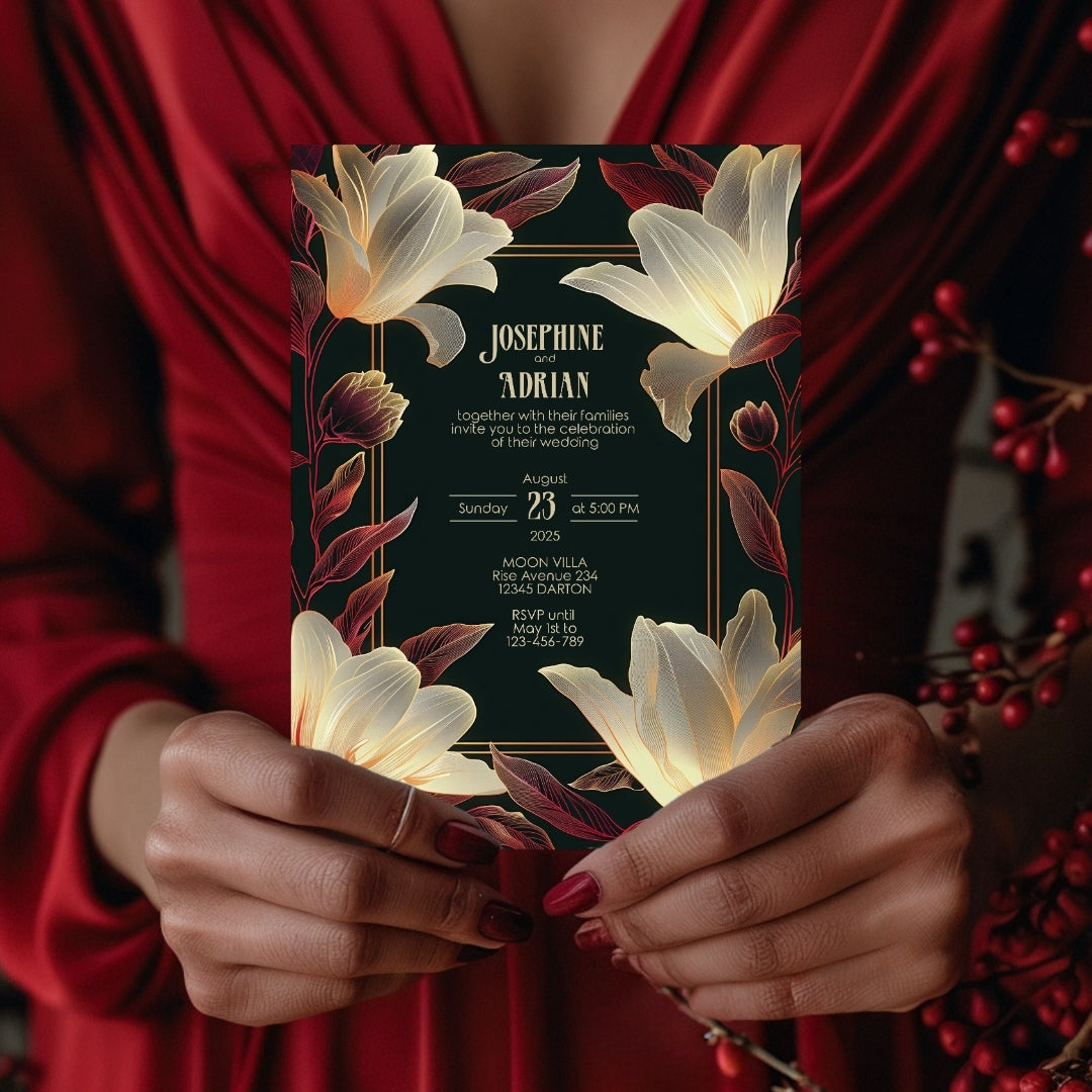 Modern Dark Big Floral Wedding Invitation