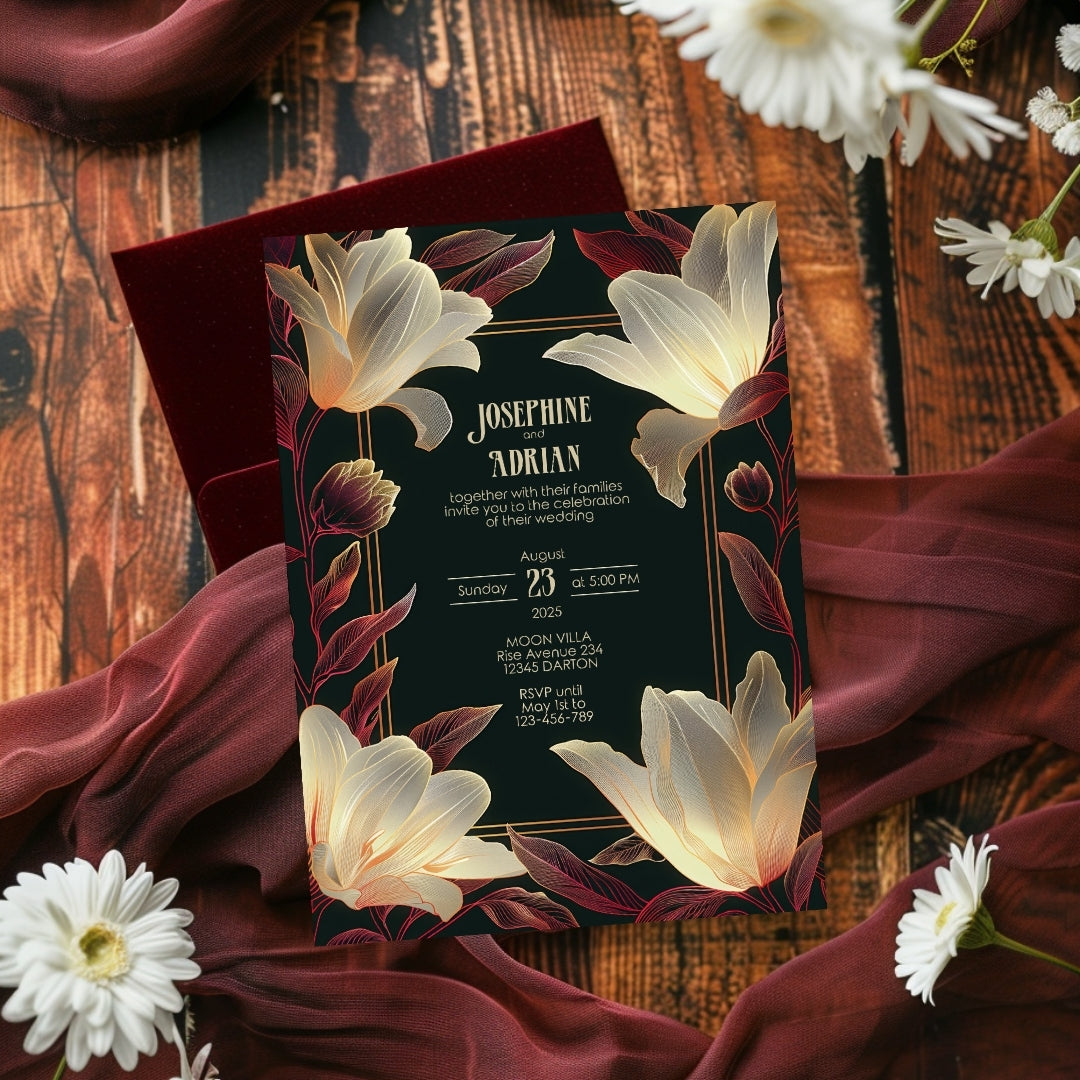 Modern Dark Big Floral Wedding Invitation