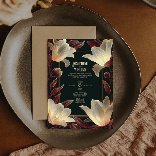 Modern Dark Big Floral Wedding Invitation