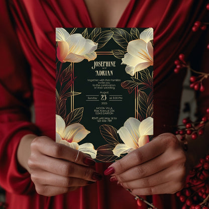 Pink Dark Art Deco Floral Wedding Invitation