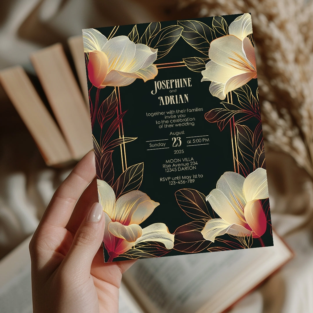 Pink Dark Art Deco Floral Wedding Invitation