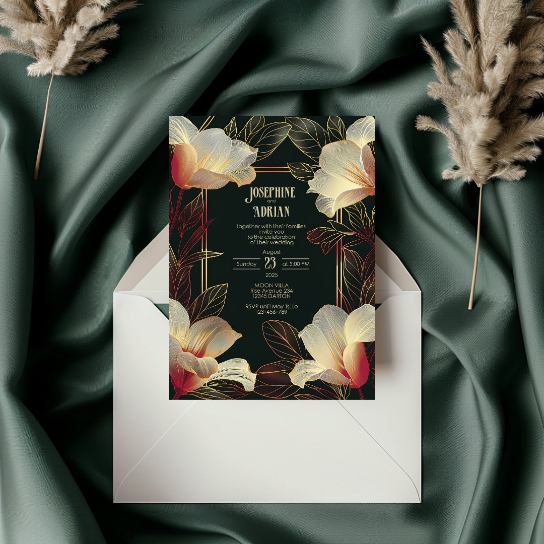 Pink Dark Art Deco Floral Wedding Invitation