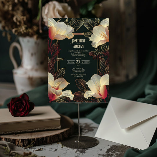 Pink Dark Art Deco Floral Wedding Invitation