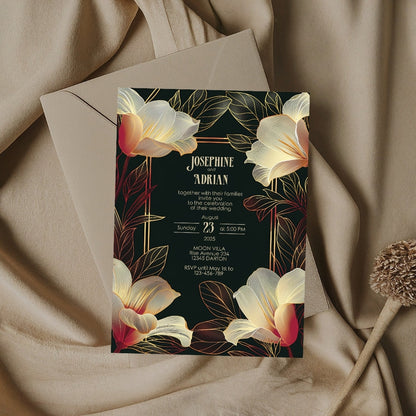 Pink Dark Art Deco Floral Wedding Invitation