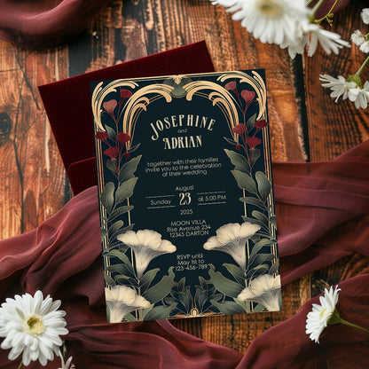 Elegant Art Nouveau and Art Deco Botanical Wedding Invitation