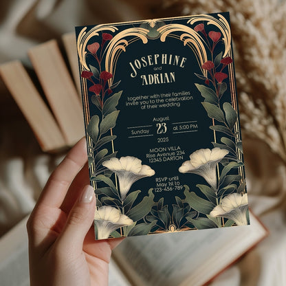 Elegant Art Nouveau and Art Deco Botanical Wedding Invitation