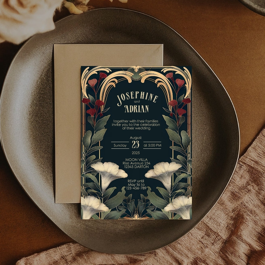 Elegant Art Nouveau and Art Deco Botanical Wedding Invitation