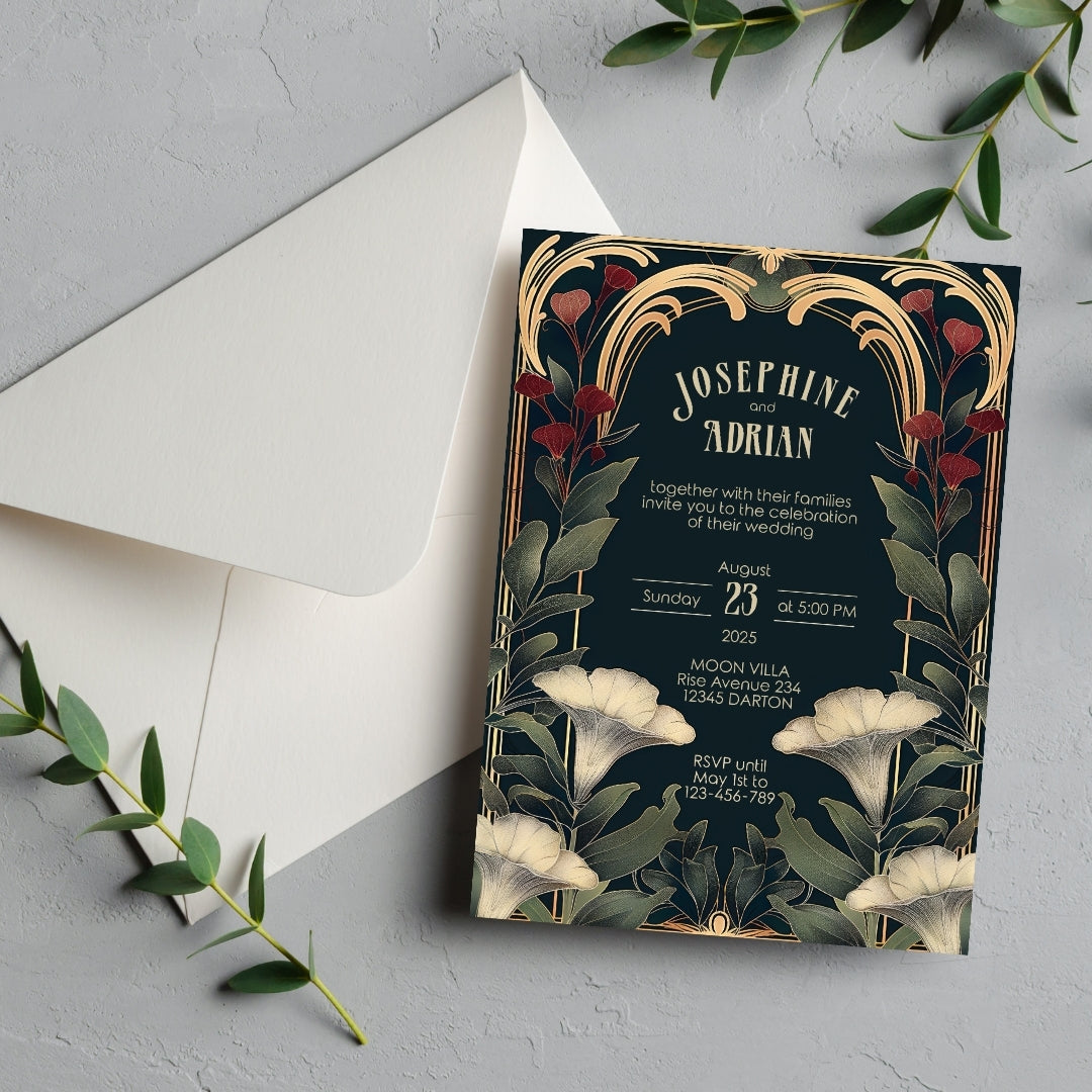 Elegant Art Nouveau and Art Deco Botanical Wedding Invitation