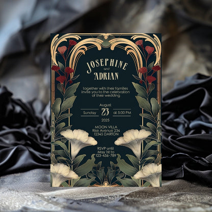 Elegant Art Nouveau and Art Deco Botanical Wedding Invitation