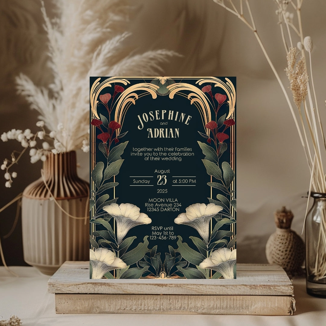 Elegant Art Nouveau and Art Deco Botanical Wedding Invitation