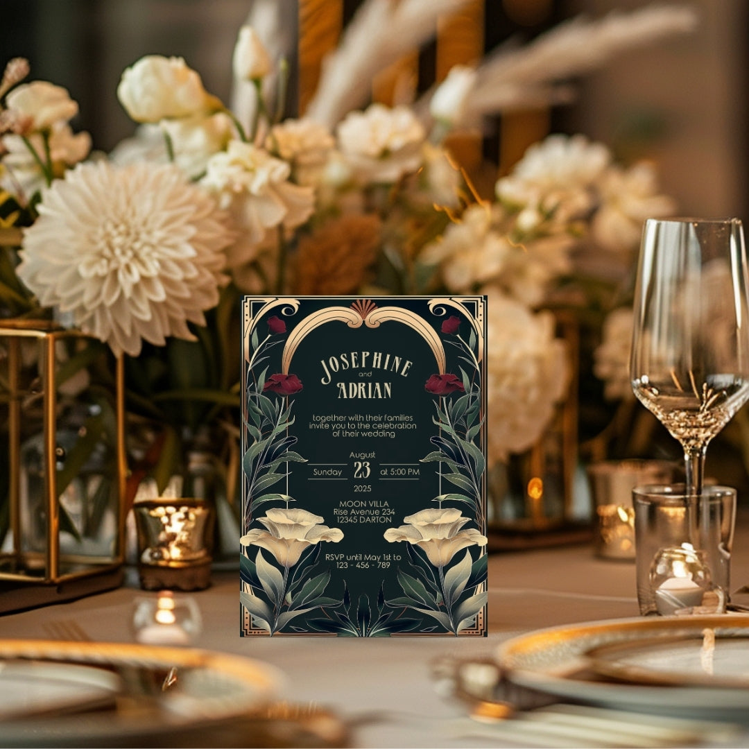 Vintage Art Nouveau Gothic Floral Wedding Invitation