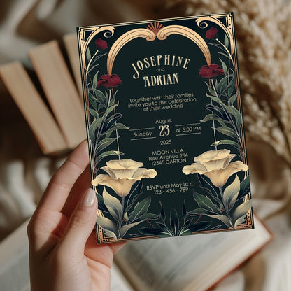 Vintage Art Nouveau Gothic Floral Wedding Invitation