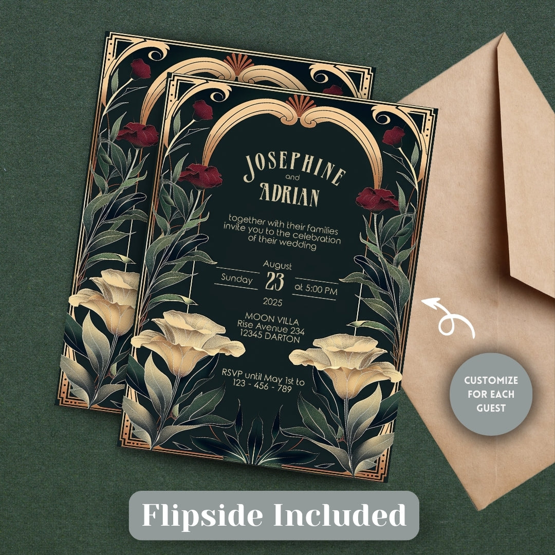 Vintage Art Nouveau Gothic Floral Wedding Invitation