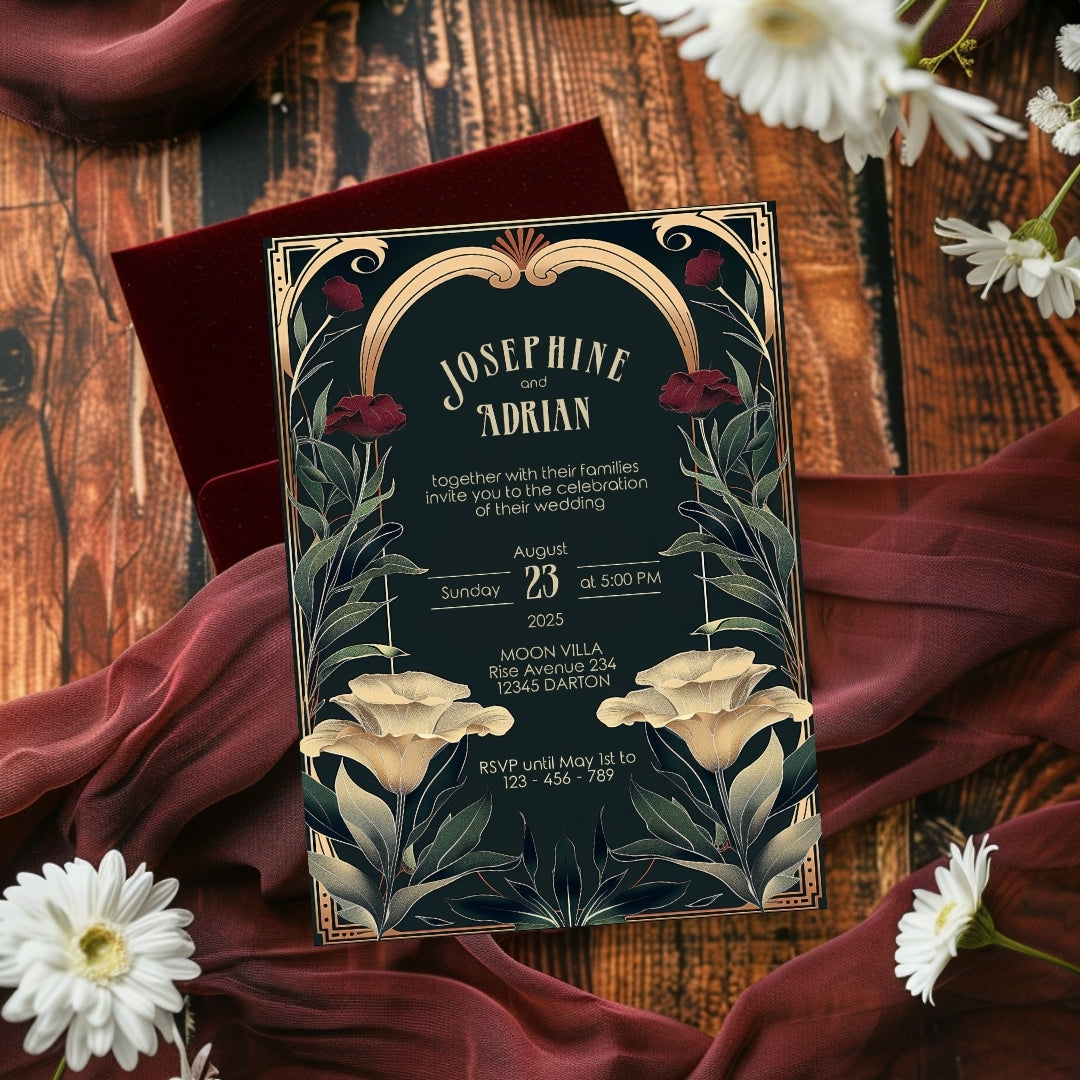 Vintage Art Nouveau Gothic Floral Wedding Invitation