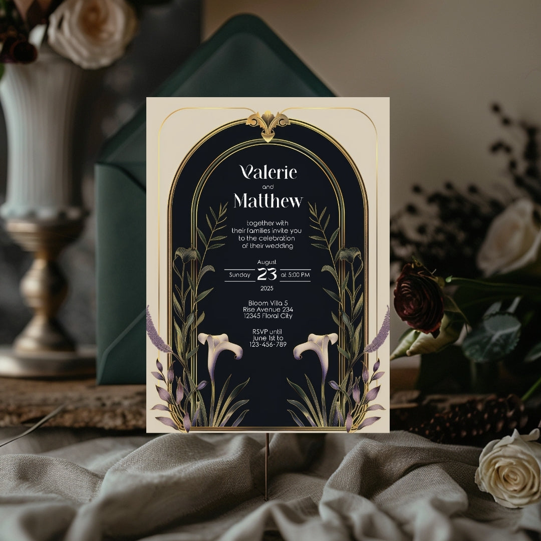 Elegant Floral Art Deco Wedding Invitation