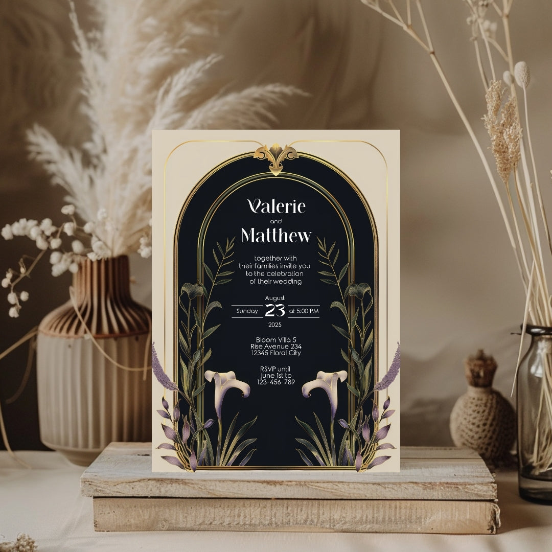 Elegant Floral Art Deco Wedding Invitation