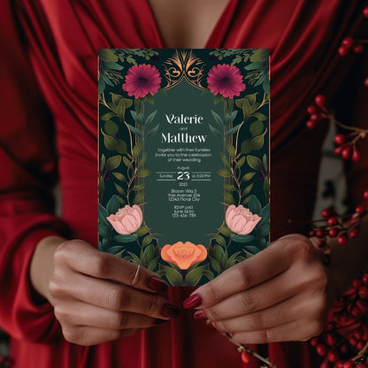 Elegant Pink and Orange Floral Vintage Garden Wedding Invitation