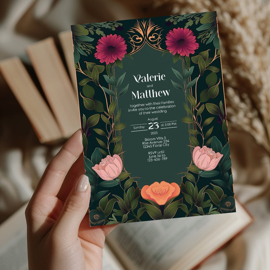 Elegant Pink and Orange Floral Vintage Garden Wedding Invitation