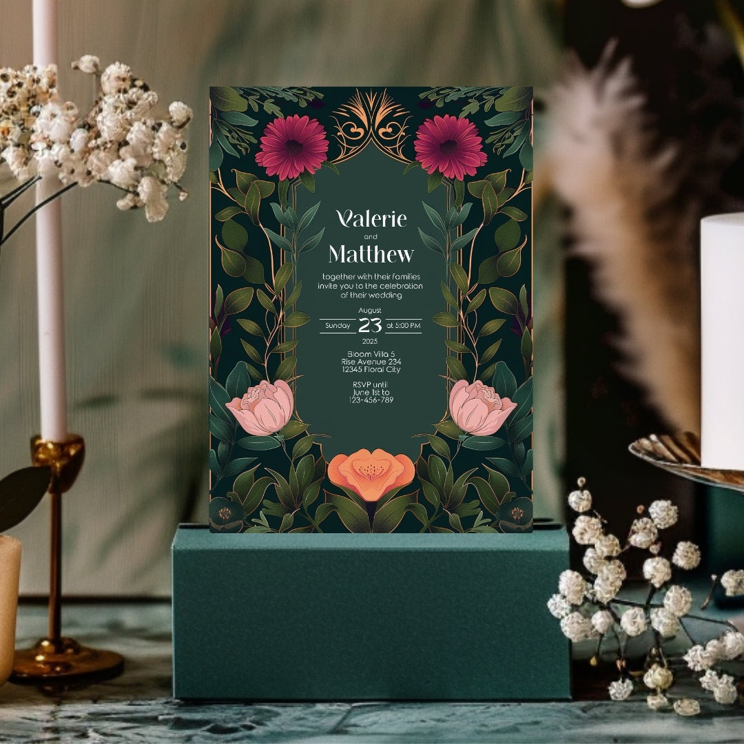 Elegant Pink and Orange Floral Vintage Garden Wedding Invitation