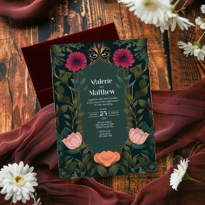 Elegant Pink and Orange Floral Vintage Garden Wedding Invitation