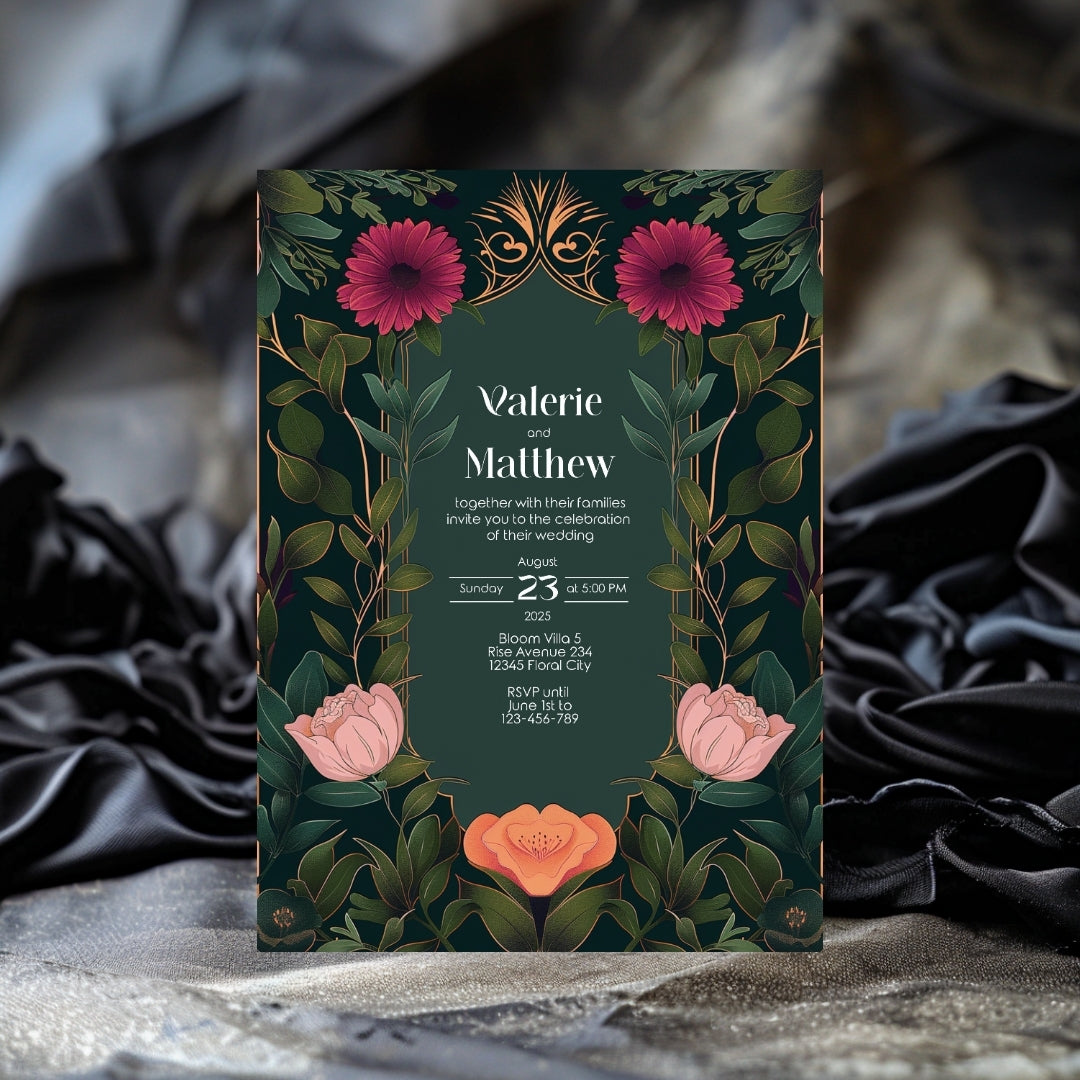 Elegant Pink and Orange Floral Vintage Garden Wedding Invitation