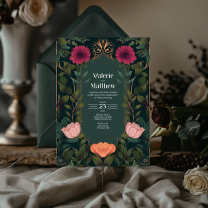 Elegant Pink and Orange Floral Vintage Garden Wedding Invitation