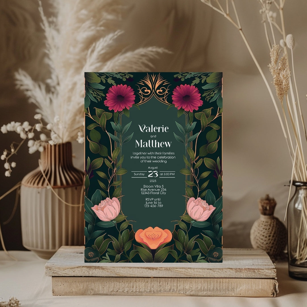 Elegant Pink and Orange Floral Vintage Garden Wedding Invitation