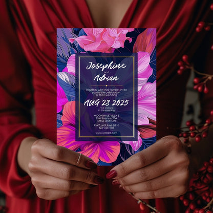 Blue and Pink Floral Minimalist Wedding Invitation