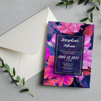 Blue and Pink Floral Minimalist Wedding Invitation