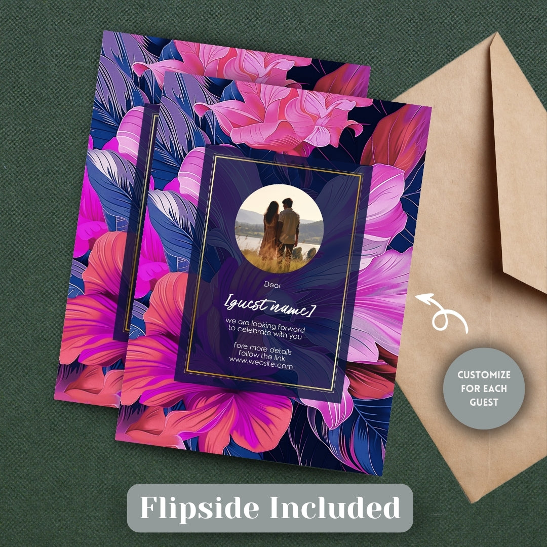 Blue and Pink Floral Minimalist Wedding Invitation