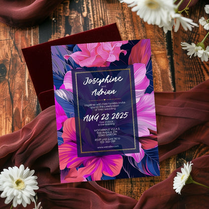 Blue and Pink Floral Minimalist Wedding Invitation