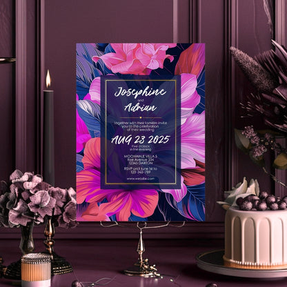 Blue and Pink Floral Minimalist Wedding Invitation