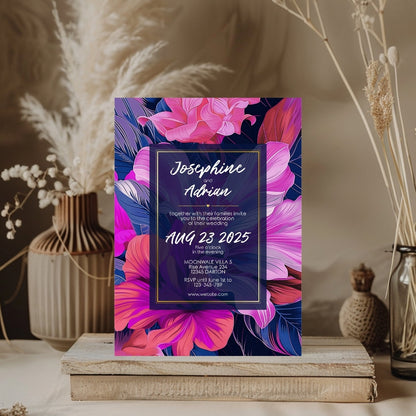 Blue and Pink Floral Minimalist Wedding Invitation