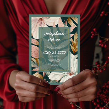 Elegant Floral Green Frame Minimalist Wedding Invitation