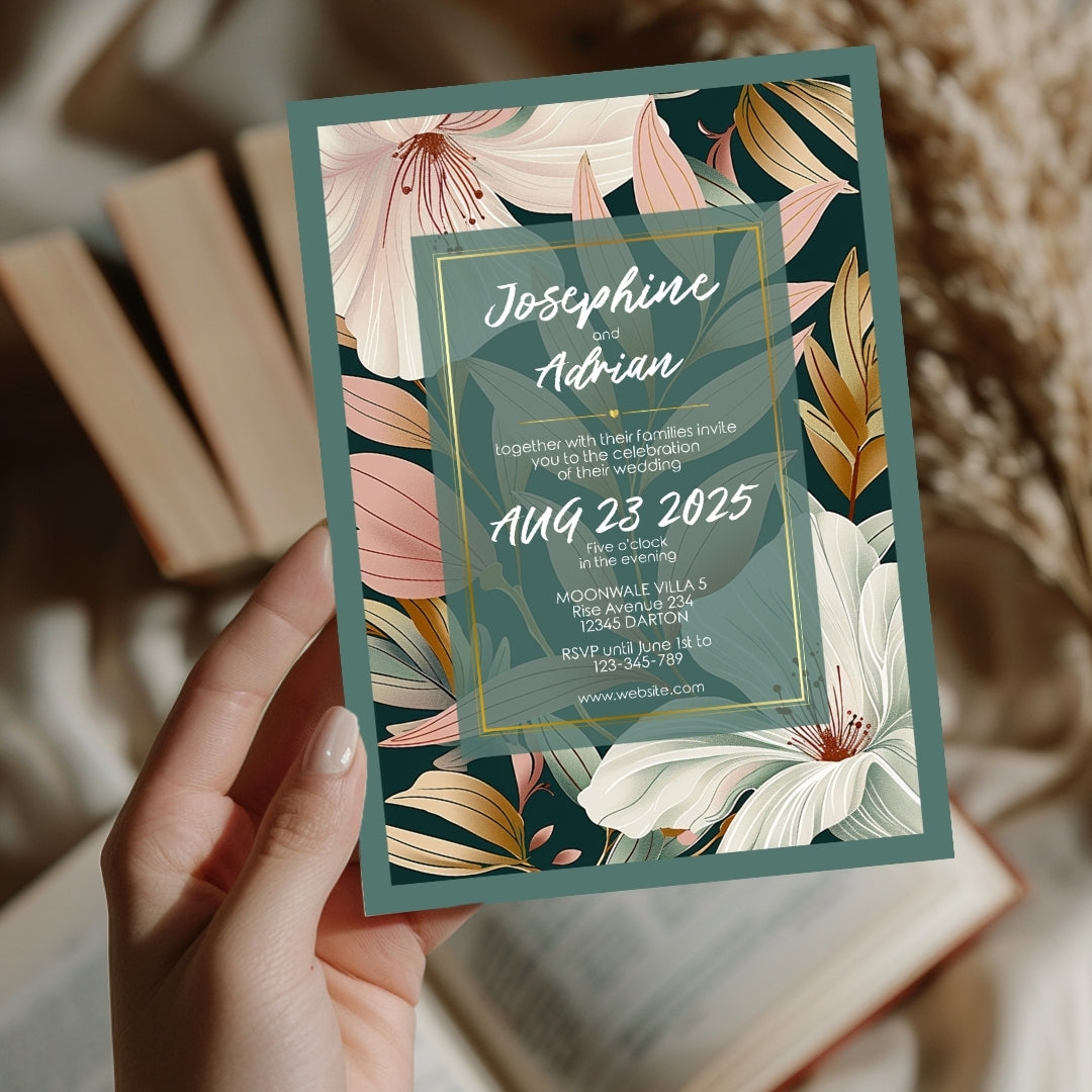 Elegant Floral Green Frame Minimalist Wedding Invitation