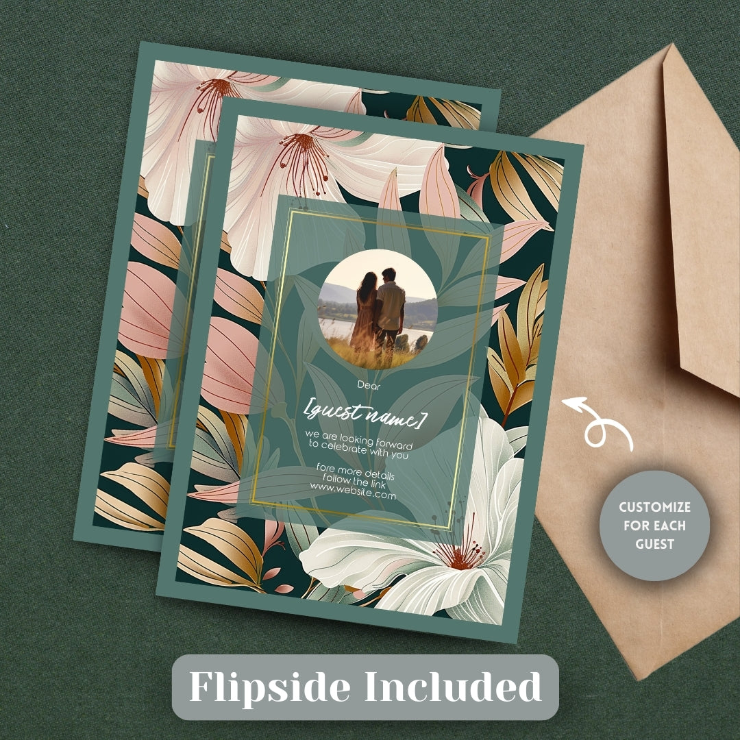 Elegant Floral Green Frame Minimalist Wedding Invitation