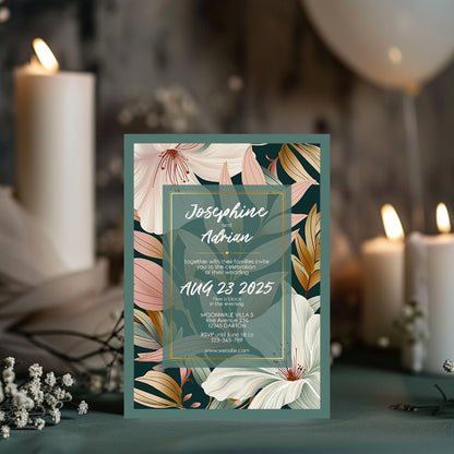 Elegant Floral Green Frame Minimalist Wedding Invitation