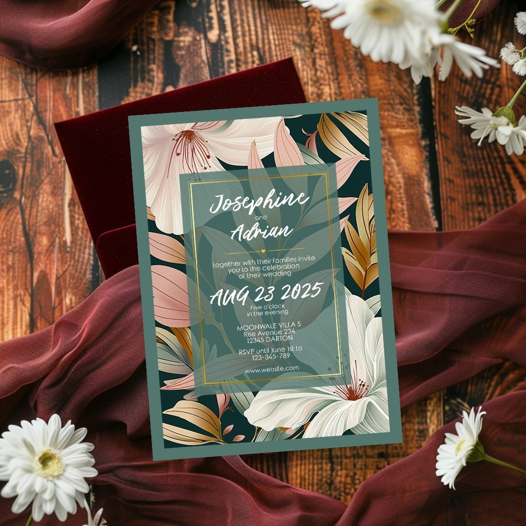 Elegant Floral Green Frame Minimalist Wedding Invitation