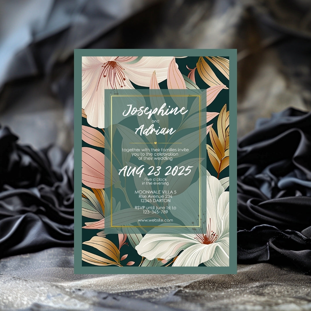 Elegant Floral Green Frame Minimalist Wedding Invitation