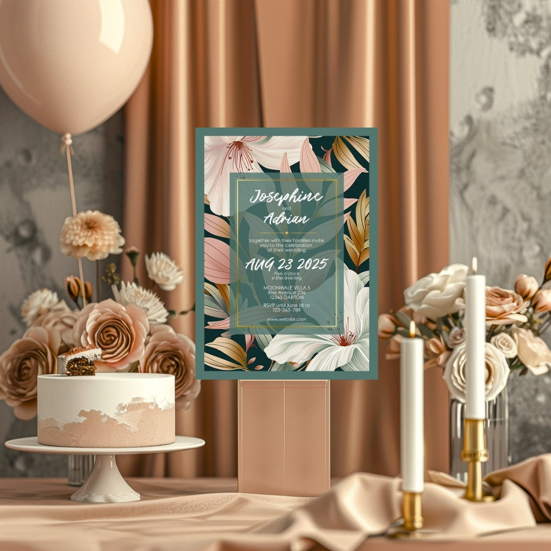 Elegant Floral Green Frame Minimalist Wedding Invitation