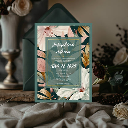 Elegant Floral Green Frame Minimalist Wedding Invitation